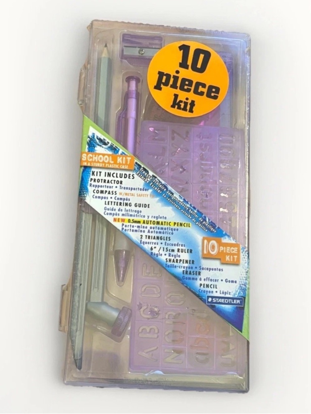 Staedtler 10 Pc School Kit Compass, Triangle, Pencil, Ruler New Old Stock Purple